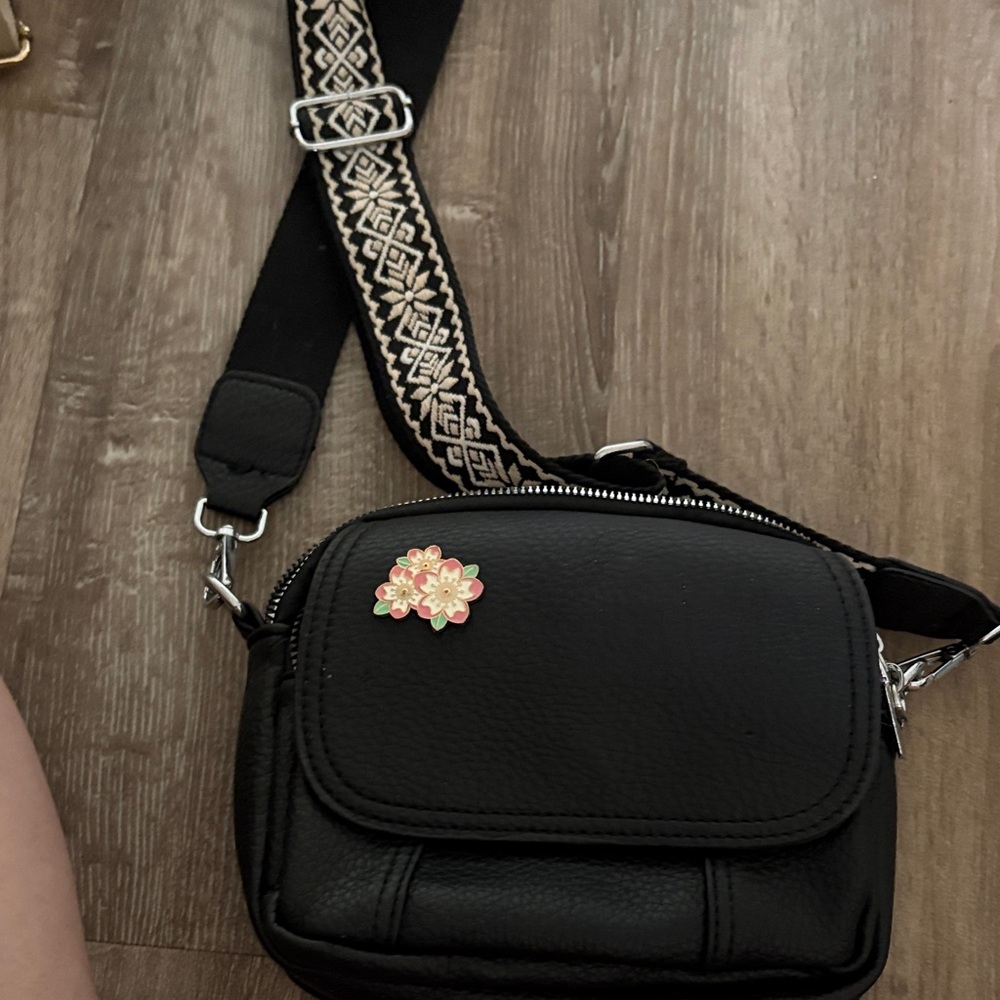 Black Crossbody Bag with Patterned Strap